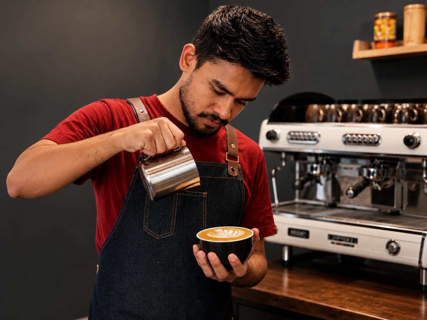 Barista pouring latte art rosette into a cup